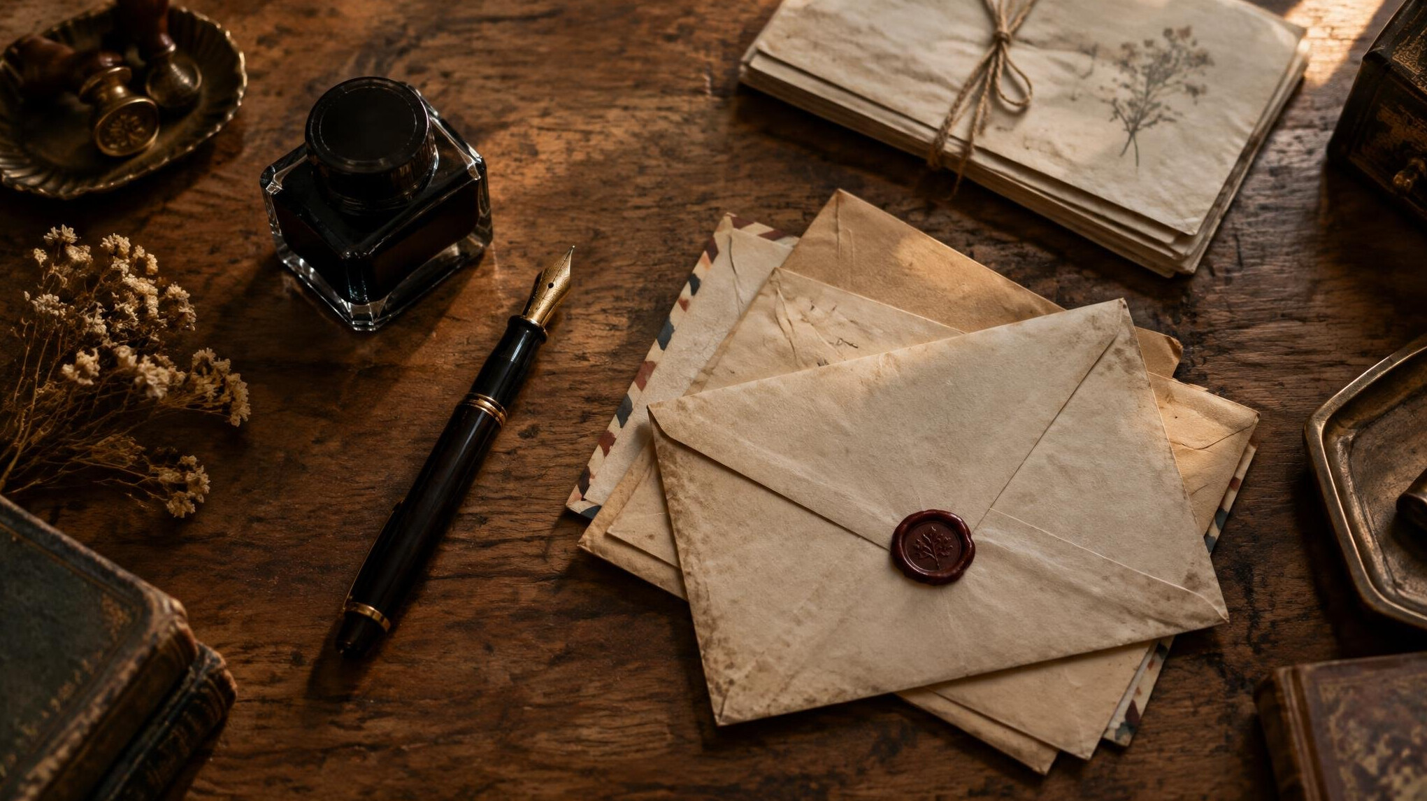 Wooden writing desk with a fountain pen, ink bottle and old letters
