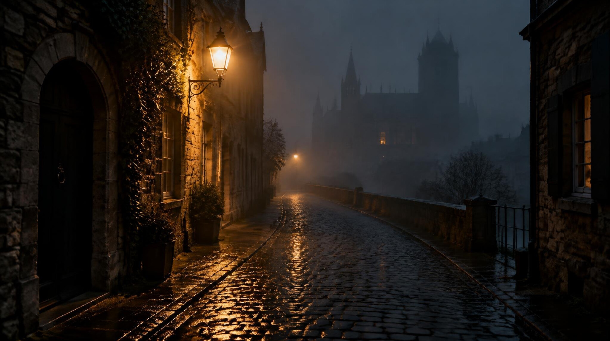 Foggy night street with a lit lantern in an old European city