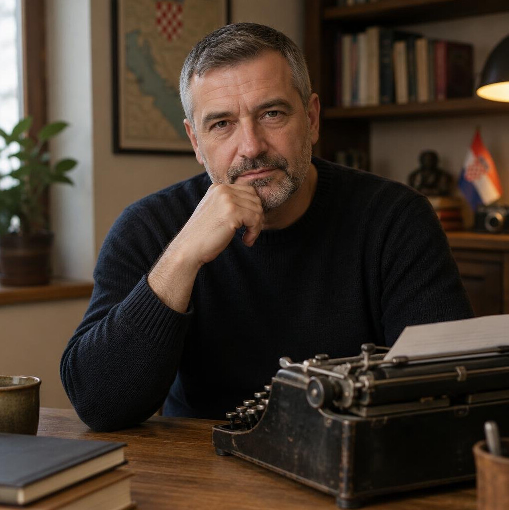 Portrait of a middle-aged Croatian male author sitting at a wooden desk