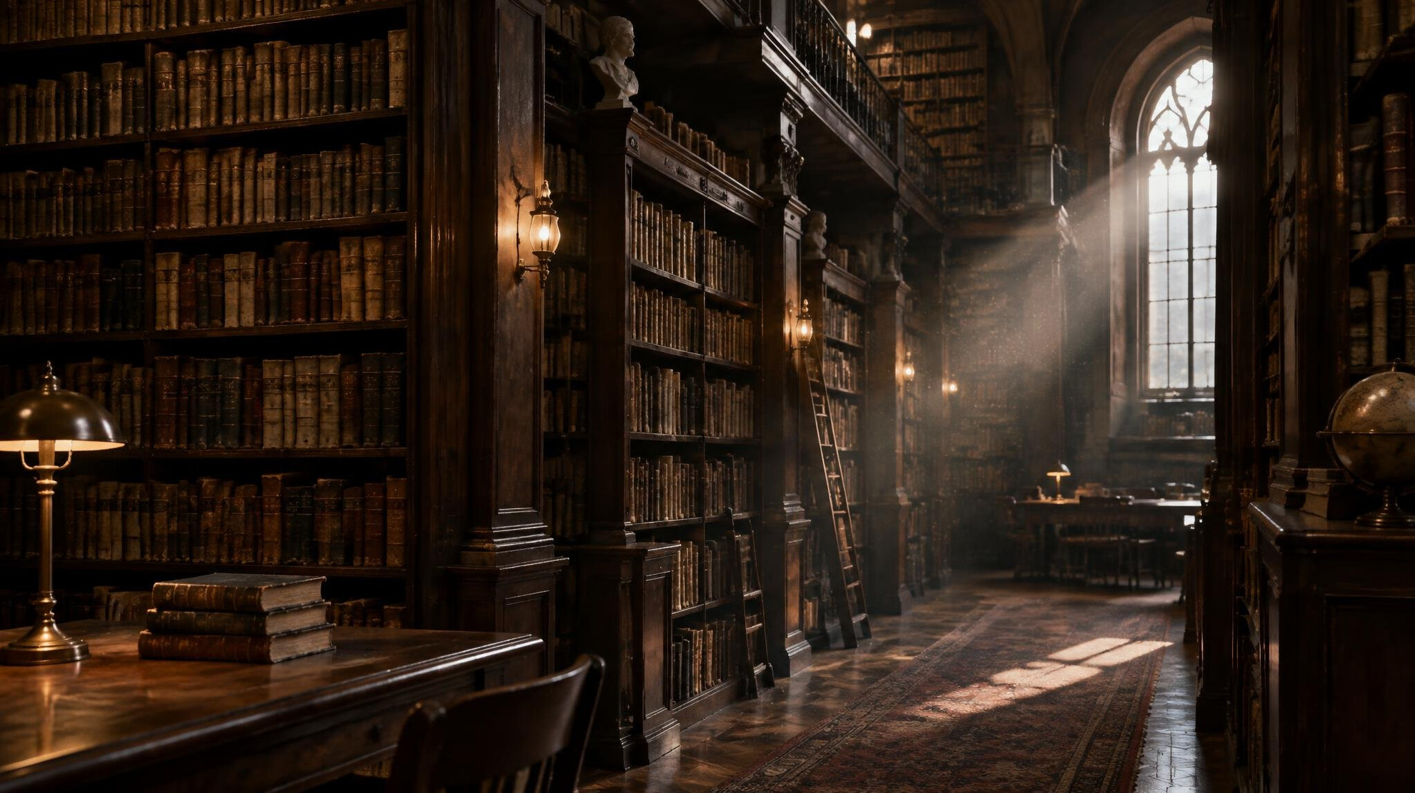 Old library with tall wooden bookshelves filled with books