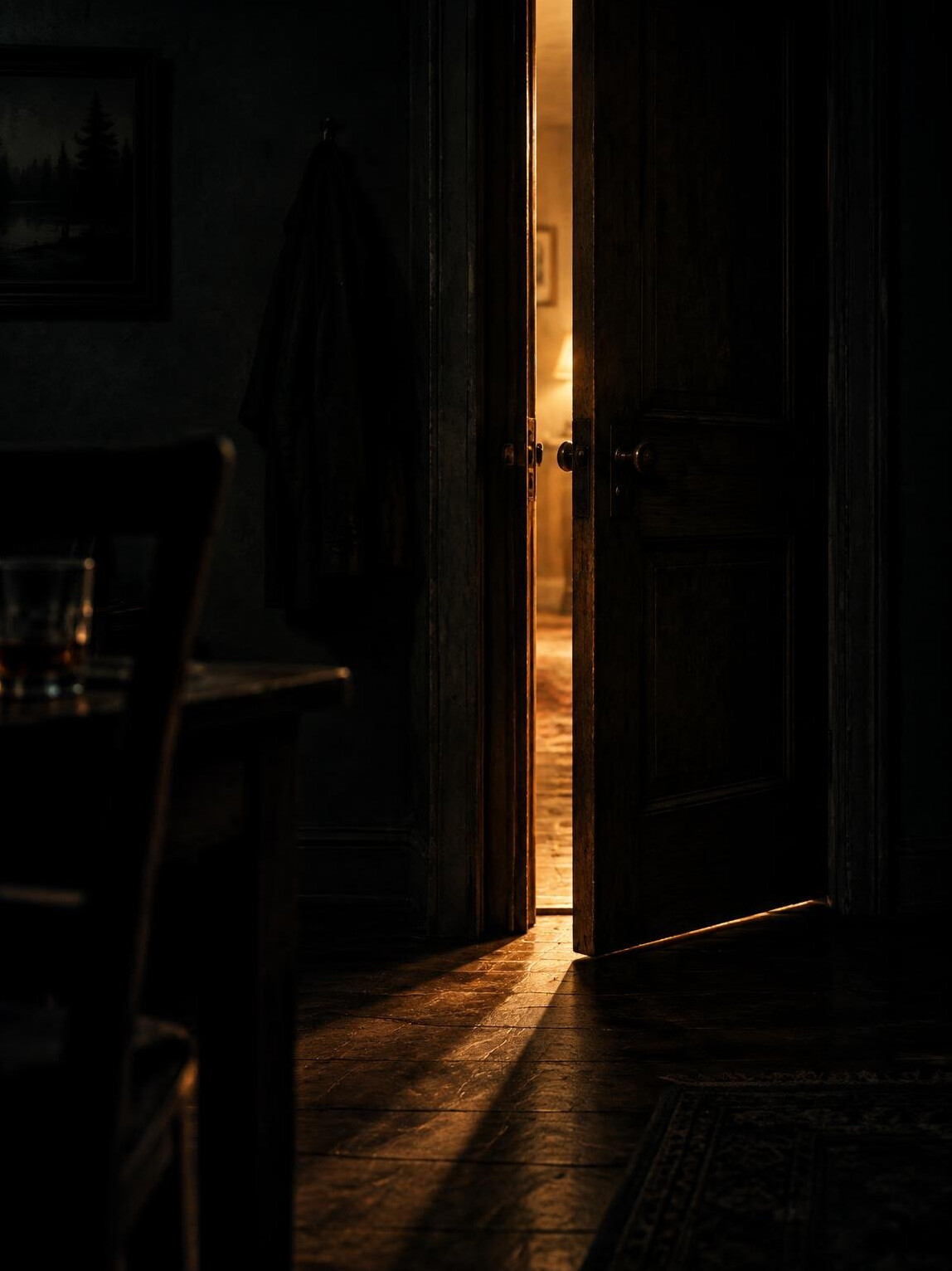 Mystery novel book cover mockup showing a dim doorway with light spilling through